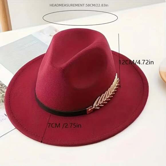 NWT Women’s Red Retro Stylish Fedora Hat with Gold-Plated Metal Leaf Decor - Picture 2 of 13